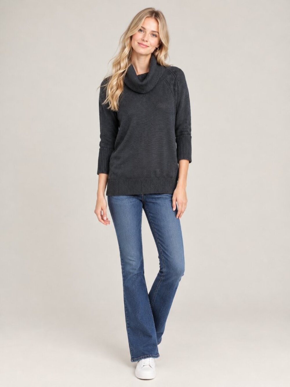 2/$30 Chico's Ribbed Trim Cowl Neck Pullover Sweater Charcoal Black 8 #A5141
